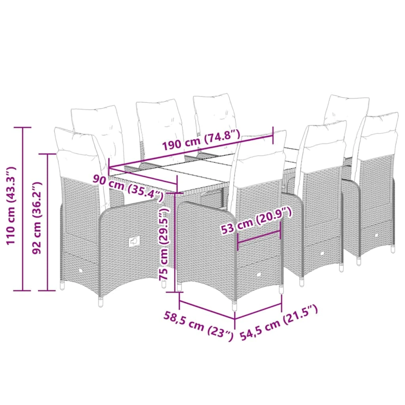 vidaXL 9-daļīgs bistro mēbeļu komplekts, matrači, pelēks PE