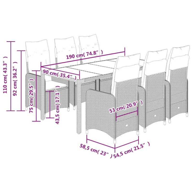 vidaXL 7-daļīgs bistro mēbeļu komplekts, matrači, brūna PE