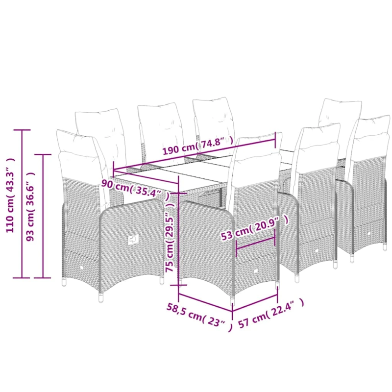 vidaXL 9-daļīgs bistro mēbeļu komplekts, matrači, brūna PE rotangpalma