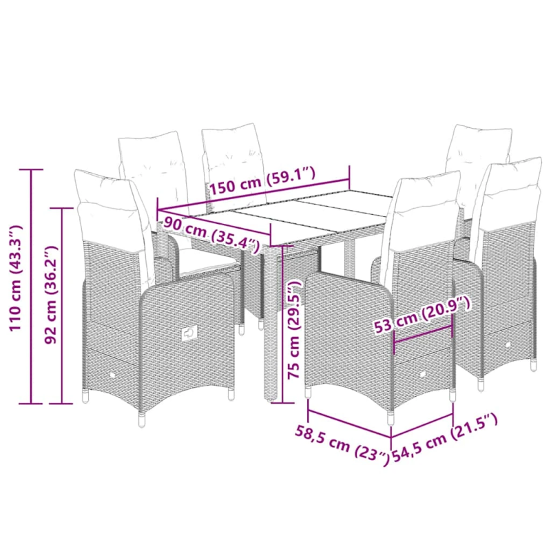 vidaXL 7-daļīgs bistro mēbeļu komplekts, matrači, bēša PE rotangpalma