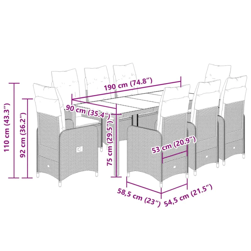 vidaXL 9-daļīgs bistro mēbeļu komplekts, matrači, bēša PE rotangpalma