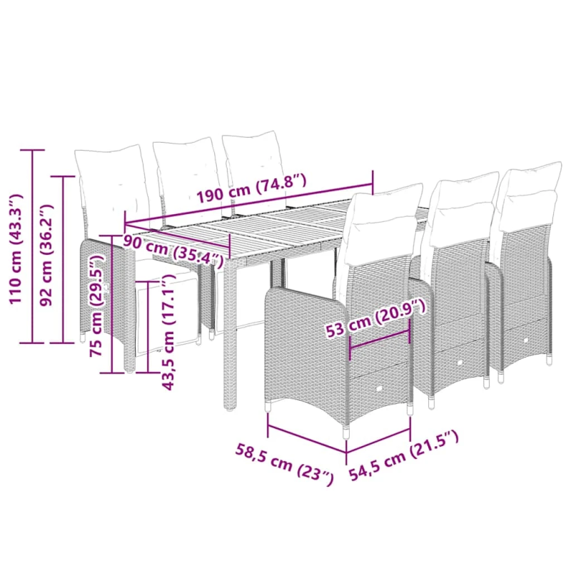 vidaXL 7-daļīgs bistro mēbeļu komplekts, matrači, melna PE