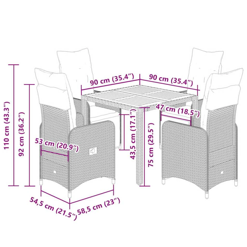 vidaXL 5-daļīgs bistro mēbeļu komplekts, matrači, melna PE rotangpalma
