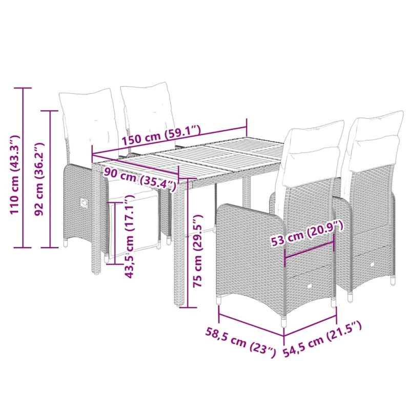 vidaXL 5-daļīgs bistro mēbeļu komplekts, matrači, melna PE rotangpalma