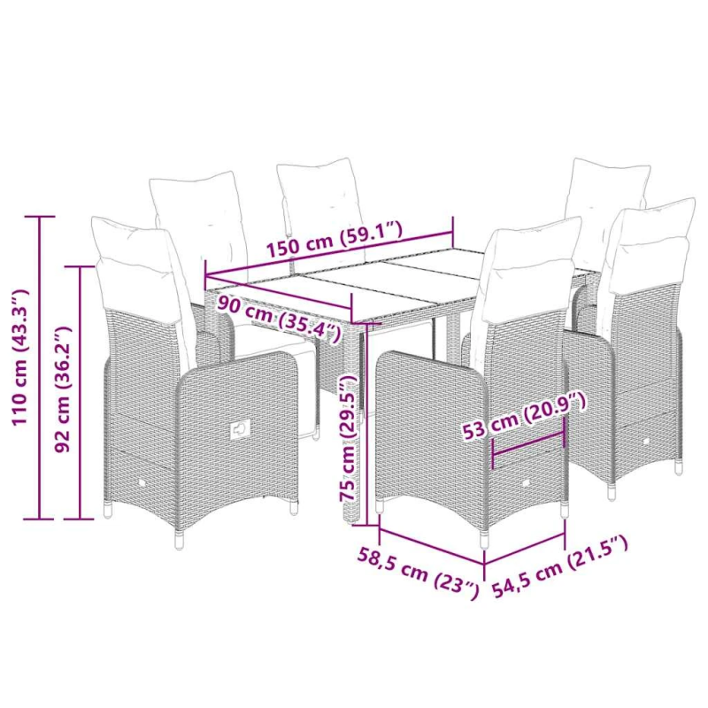 vidaXL 7-daļīgs bistro mēbeļu komplekts, matrači, melna PE