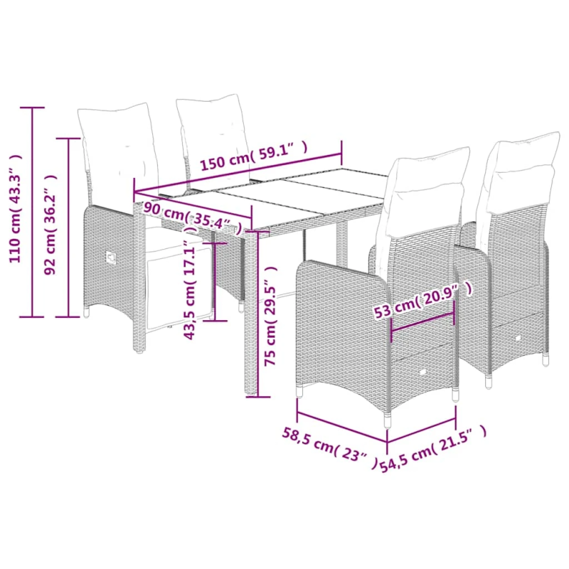 vidaXL 5-daļīgs bistro mēbeļu komplekts, matrači, pelēks PE