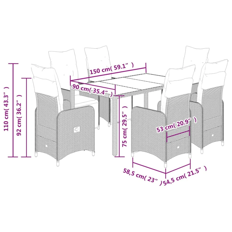 vidaXL 7-daļīgs bistro mēbeļu komplekts, matrači, pelēks PE