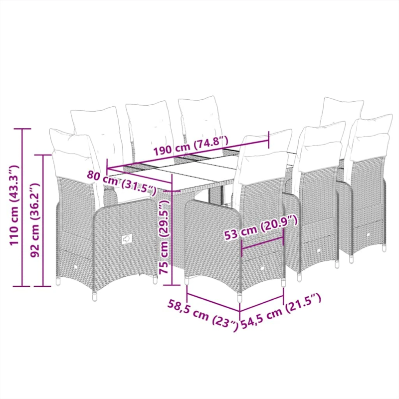 vidaXL 9-daļīgs bistro mēbeļu komplekts, matrači, pelēks PE