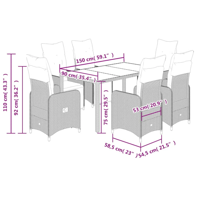 vidaXL 7-daļīgs bistro mēbeļu komplekts, matrači, brūna PE