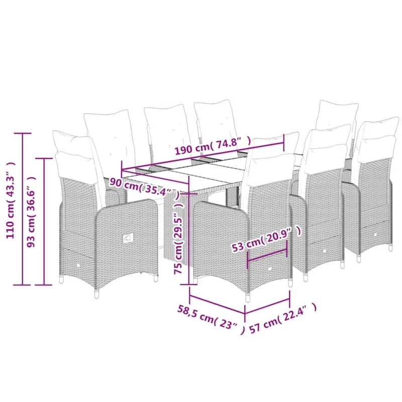 vidaXL 9-daļīgs bistro mēbeļu komplekts, matrači, brūna PE rotangpalma