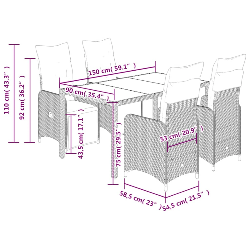 vidaXL 5-daļīgs bistro mēbeļu komplekts, matrači, brūna PE rotangpalma
