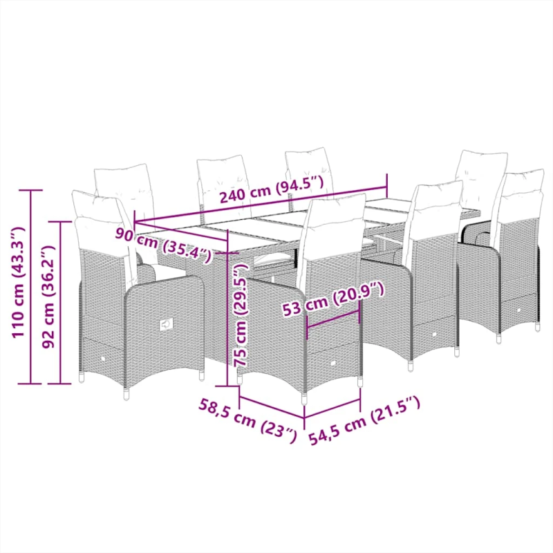 vidaXL 9-daļīgs bistro mēbeļu komplekts, matrači, bēša PE rotangpalma