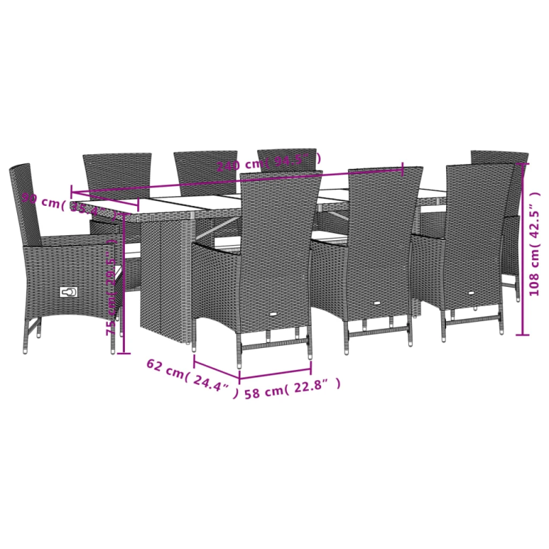 vidaXL 9-daļīgs virtuves mēbeļu komplekts ar matračiem, PE rotangpalma