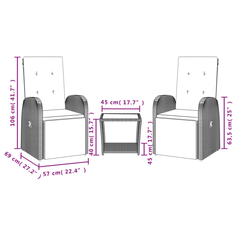 vidaXL 3-daļīgs dārza mēbeļu komplekts, matrači, pelēka PE rotangpalma
