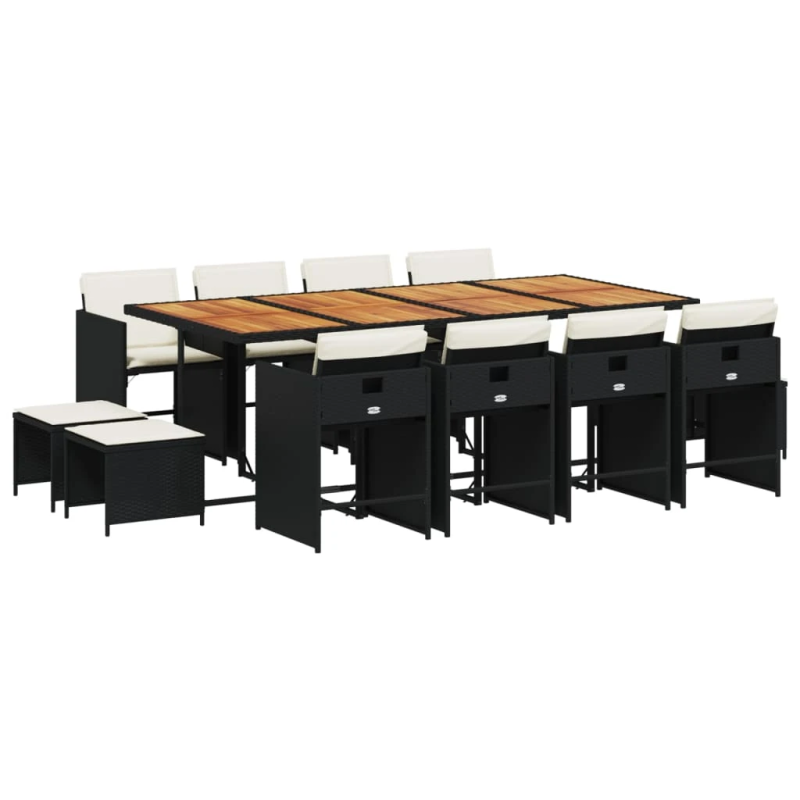 vidaXL 13-daļīgs dārza mēbeļu komplekts ar matračiem, melns PE