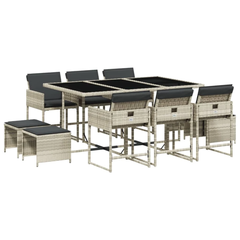 vidaXL 11-daļīgs dārza mēbeļu komplekts ar matračiem, gaiši pelēka PE