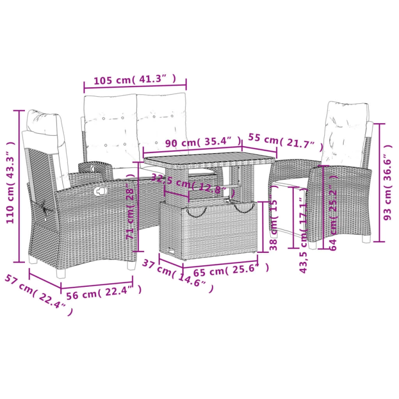 vidaXL 4-daļīgs dārza virtuves mēbeļu komplekts, melna PE rotangpalma