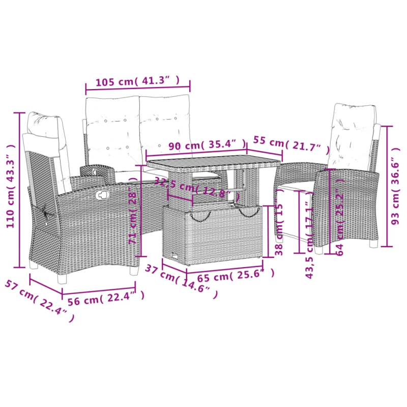 vidaXL 4-daļīgs dārza mēbeļu komplekts, pelēka PE rotangpalma