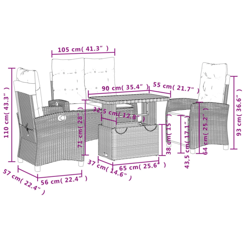 vidaXL 4-daļīgs dārza mēbeļu komplekts, matrači, bēša PE rotangpalma
