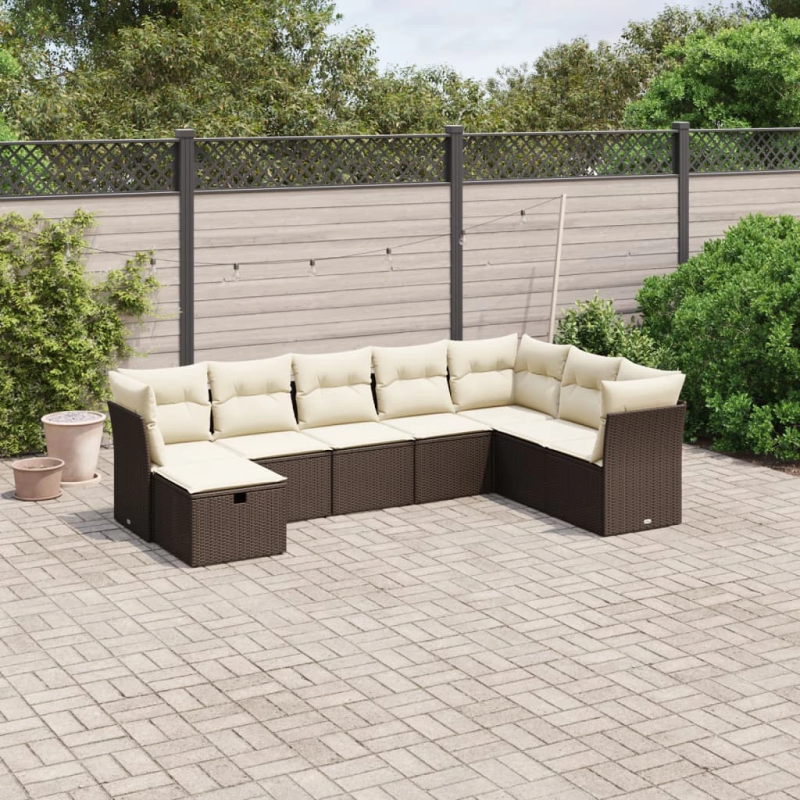 vidaXL 8-daļīgs dārza dīvānu komplekts, matrači, brūna PE rotangpalma