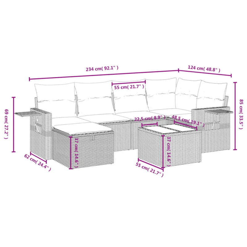 vidaXL 7-daļīgs dārza dīvāna komplekts ar matračiem,PE rotangpalma
