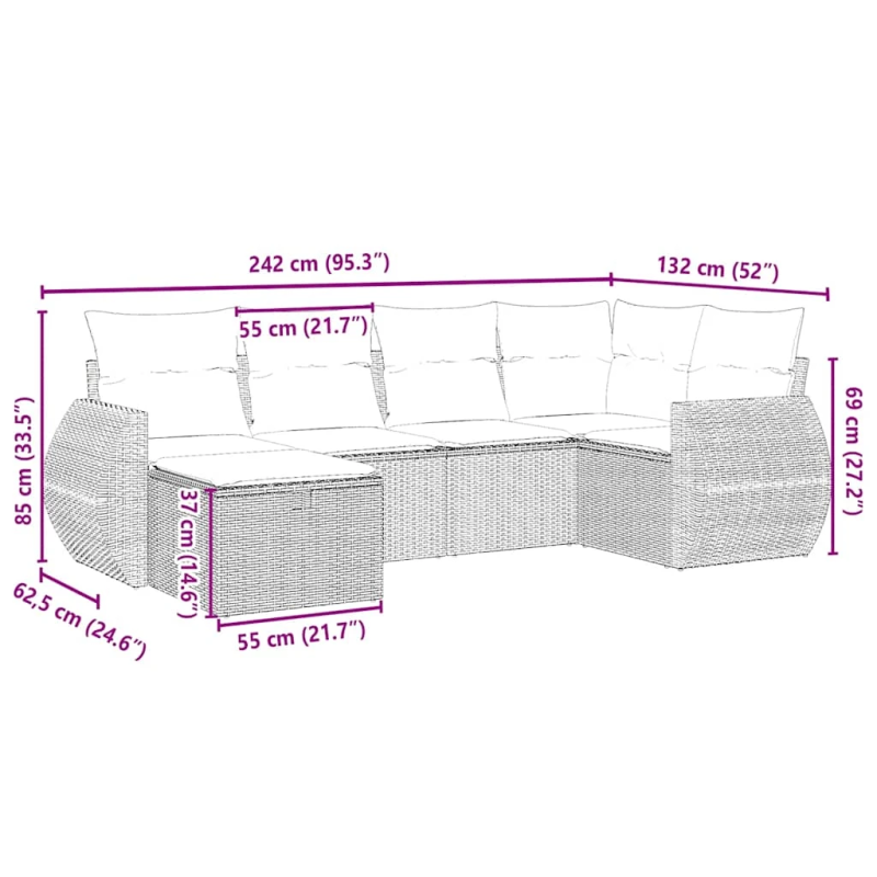 vidaXL 6-daļīgs dārza dīvānu komplekts,matrači, gaiši pelēka PE pinums
