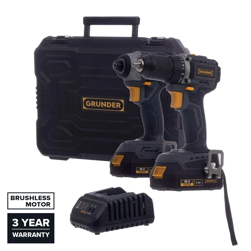Instrumentu komplekts GRUNDER CD-B0B18+CW-B1218E. 18 V. 2×2 Ah