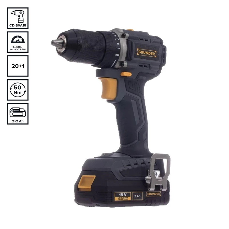 Instrumentu komplekts GRUNDER CD-B0B18+CW-B1218E. 18 V. 2×2 Ah