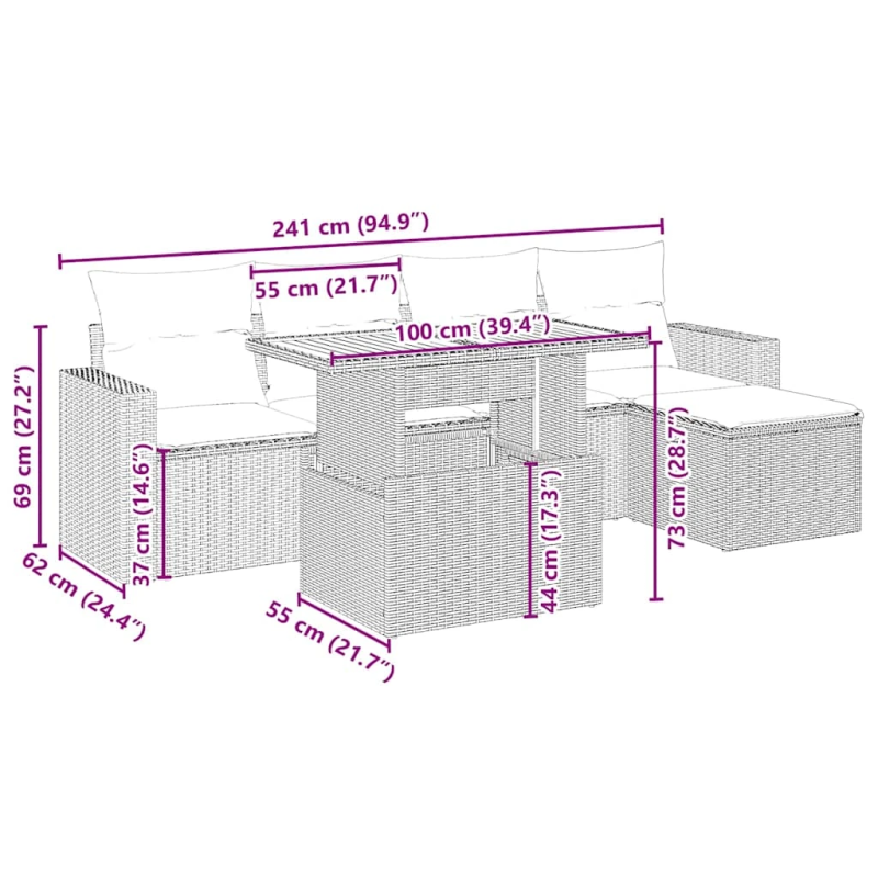 vidaXL 6-daļīgs dārza dīvāna komplekts, matrači, bēša PE rotangpalma