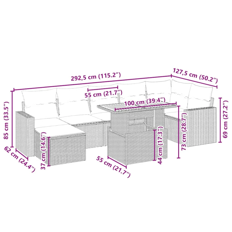 vidaXL 8-daļīgs dārza dīvāna komplekts, matrači, bēša PE rotangpalma