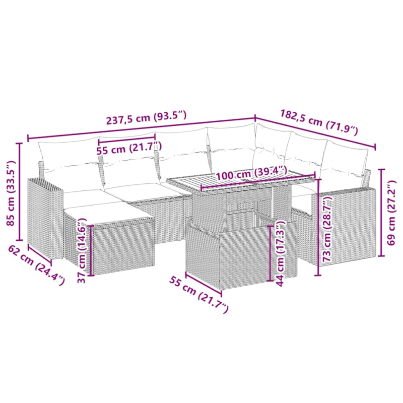 vidaXL 8-daļīgs dārza dīvāna komplekts, matrači, bēša PE rotangpalma