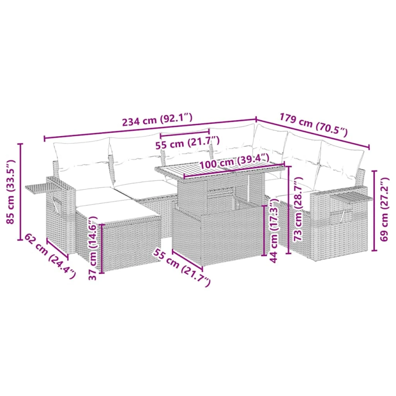 vidaXL 8-daļīgs dārza dīvāna komplekts, matrači, bēša PE rotangpalma