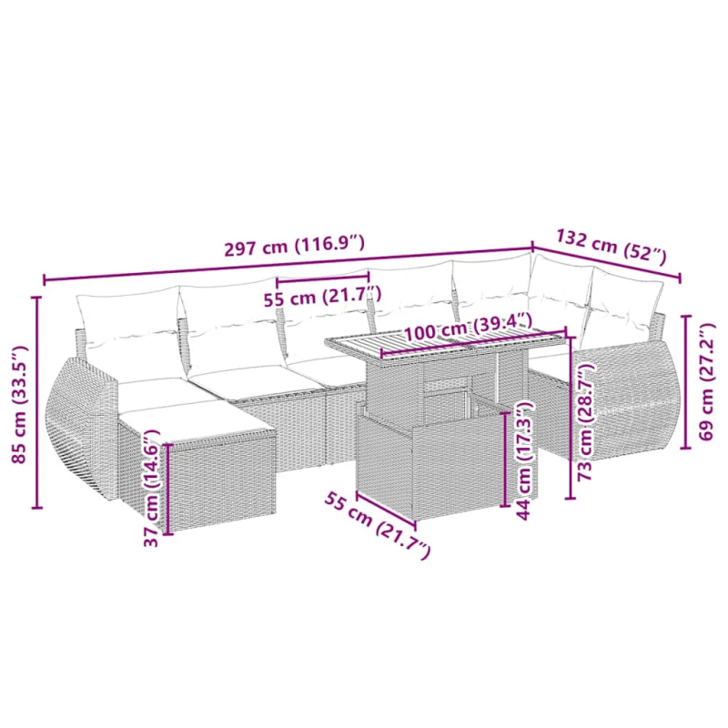 vidaXL 8-daļīgs dārza dīvāna komplekts, matrači, bēša PE rotangpalma