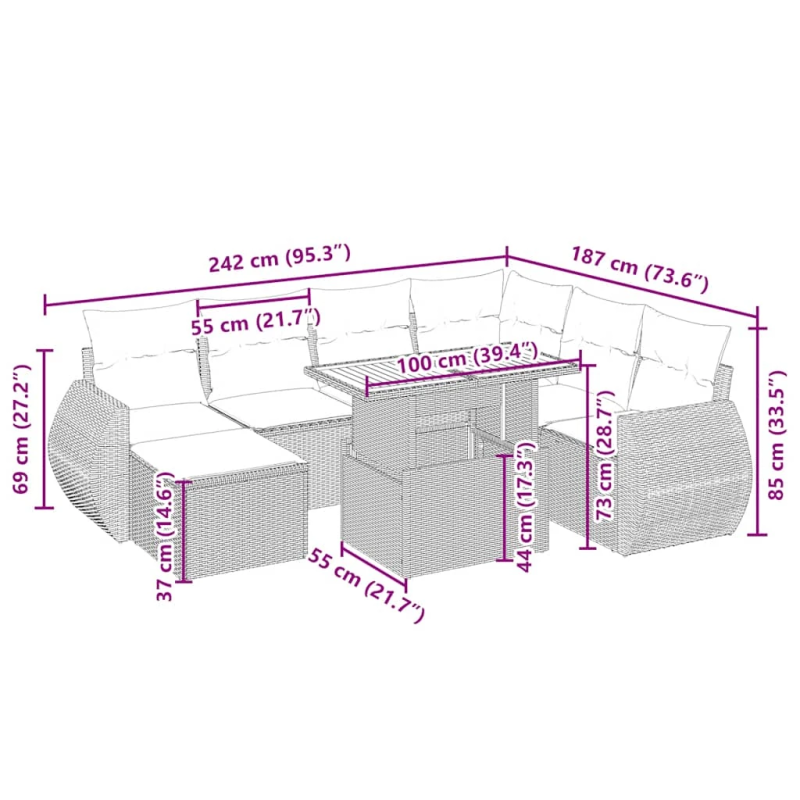 vidaXL 8-daļīgs dārza dīvāna komplekts, matrači, bēša PE rotangpalma