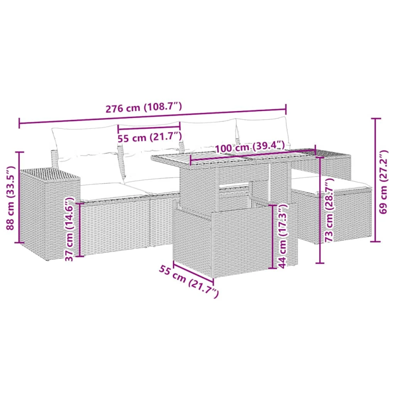 vidaXL 6-daļīgs dārza dīvāna komplekts, matrači, bēša PE rotangpalma