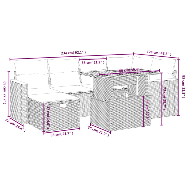 vidaXL 7-daļīgs dārza dīvāna komplekts, matrači, bēša PE rotangpalma