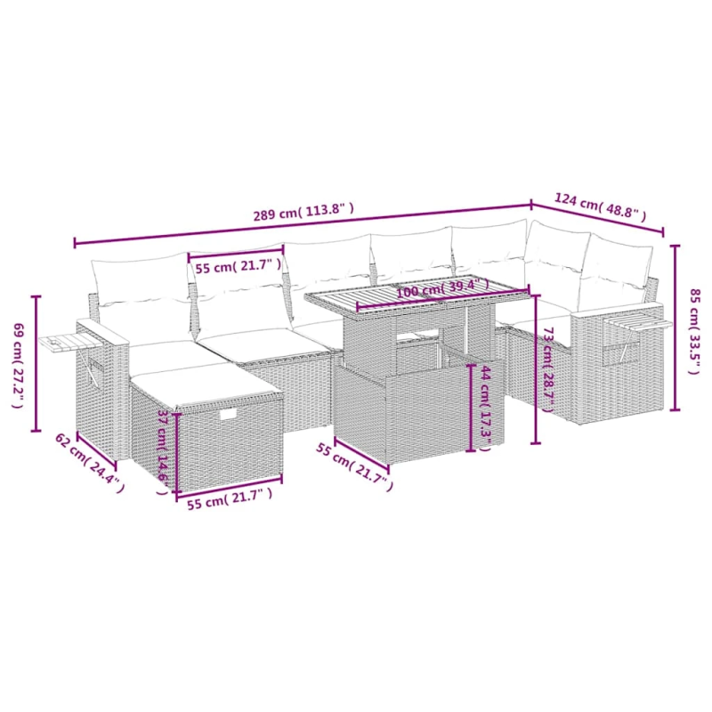 vidaXL 8-daļīgs dārza dīvāna komplekts, matrači, melna PE rotangpalma