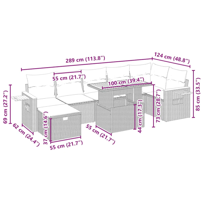 vidaXL 8-daļīgs dārza dīvāna komplekts, matrači, bēša PE rotangpalma