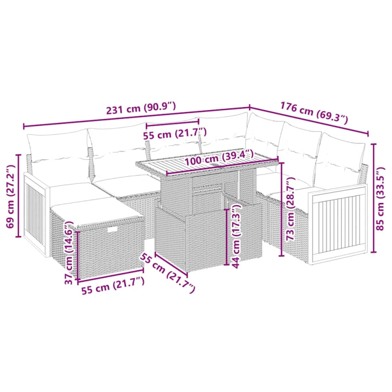 vidaXL 8-daļīgs dārza dīvāna komplekts, matrači, bēša PE rotangpalma
