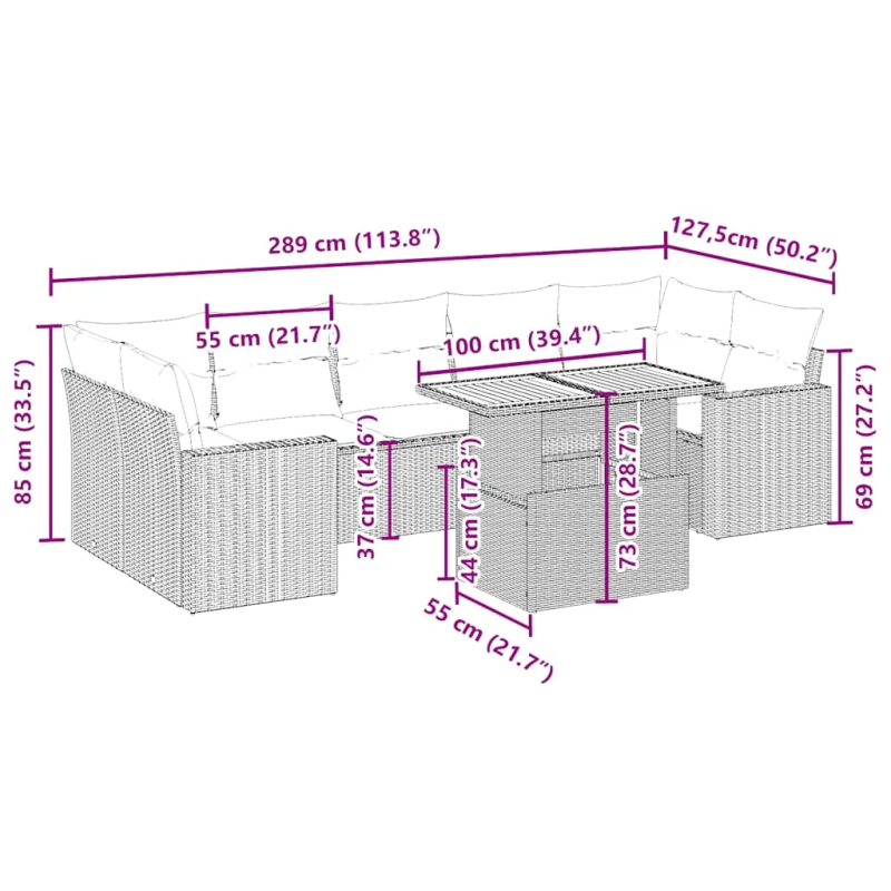 vidaXL 8-daļīgs dārza dīvāna komplekts, matrači, bēša PE rotangpalma