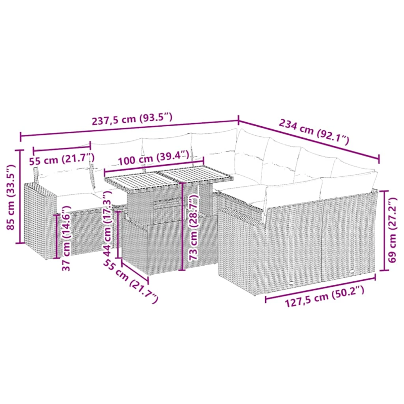 vidaXL 9-daļīgs dārza dīvānu komplekts, matrači, bēša PE rotangpalma