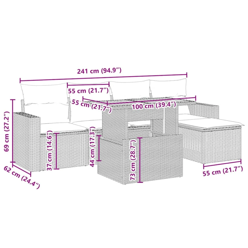 vidaXL 6-daļīgs dārza dīvāna komplekts, matrači, bēša PE rotangpalma