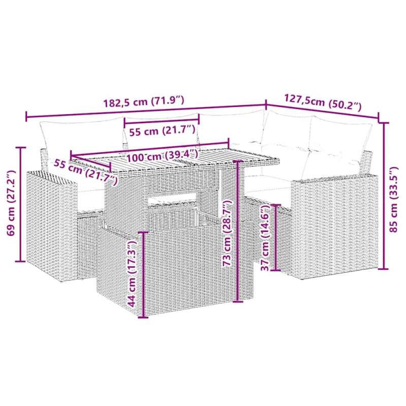 vidaXL 5-daļīgs dārza dīvāna komplekts, matrači, bēša PE rotangpalma