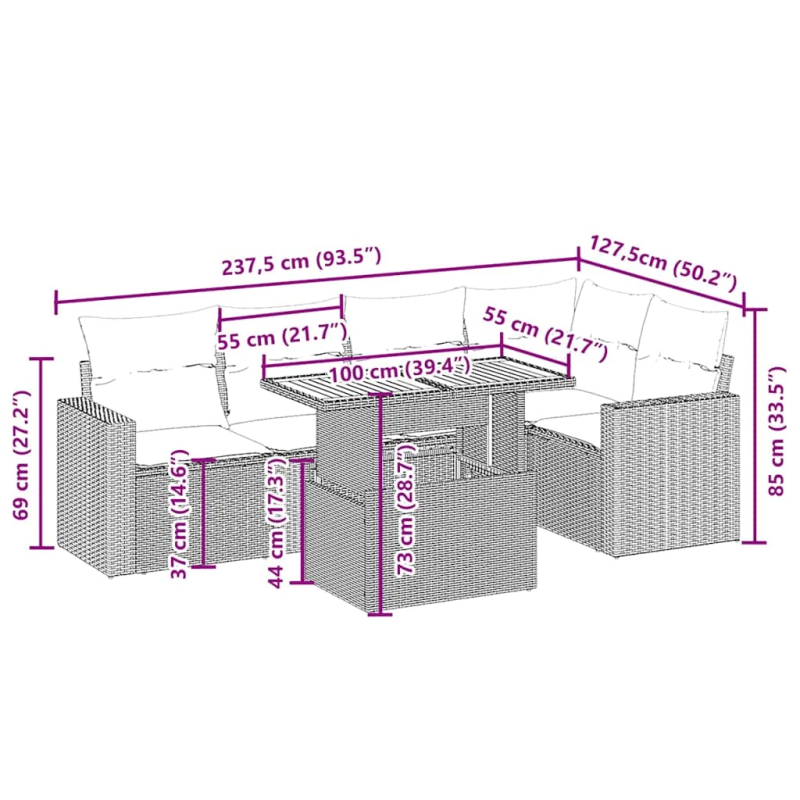 vidaXL 6-daļīgs dārza dīvāna komplekts, matrači, bēša PE rotangpalma