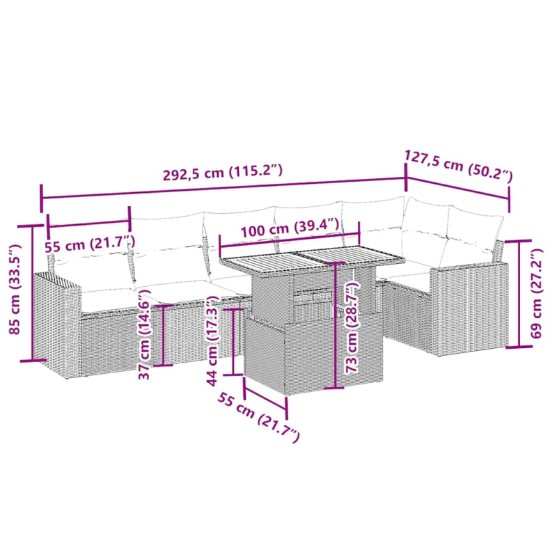 vidaXL 7-daļīgs dārza dīvāna komplekts, matrači, bēša PE rotangpalma