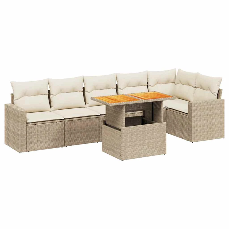 vidaXL 7-daļīgs dārza dīvāna komplekts, matrači, bēša PE rotangpalma