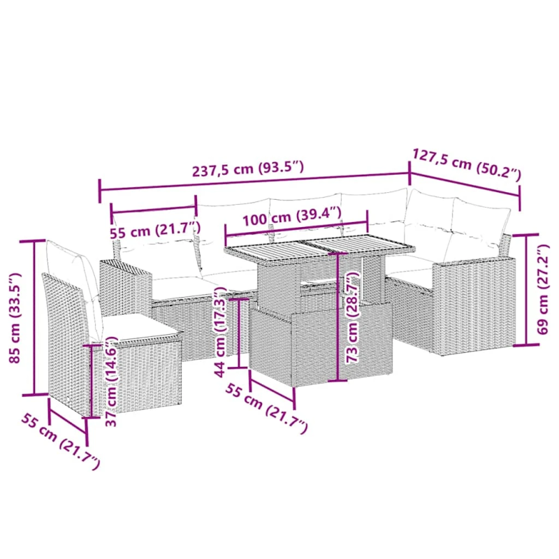 vidaXL 7-daļīgs dārza dīvāna komplekts, matrači, bēša PE rotangpalma
