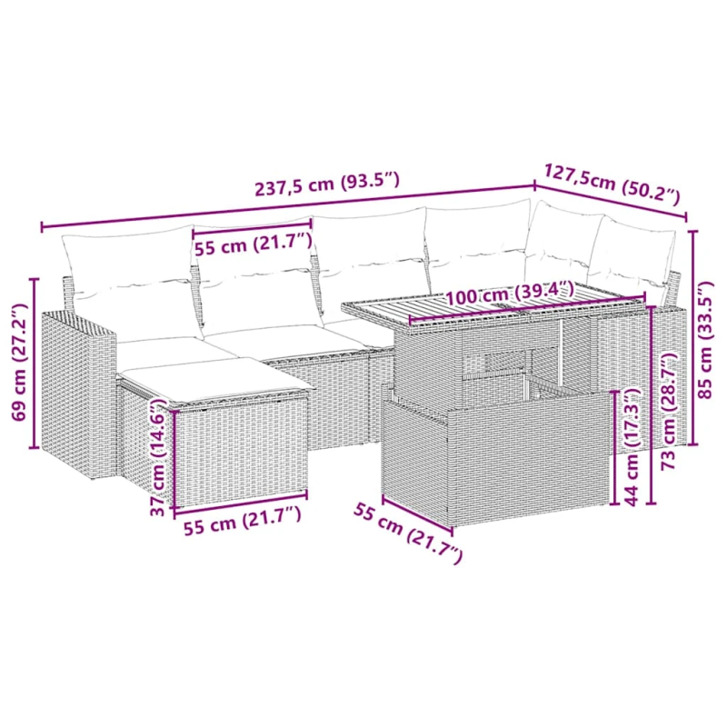 vidaXL 7-daļīgs dārza dīvāna komplekts, matrači, bēša PE rotangpalma
