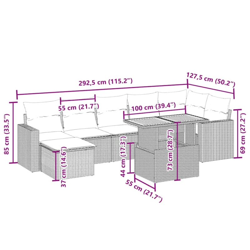 vidaXL 8-daļīgs dārza dīvāna komplekts, matrači, bēša PE rotangpalma