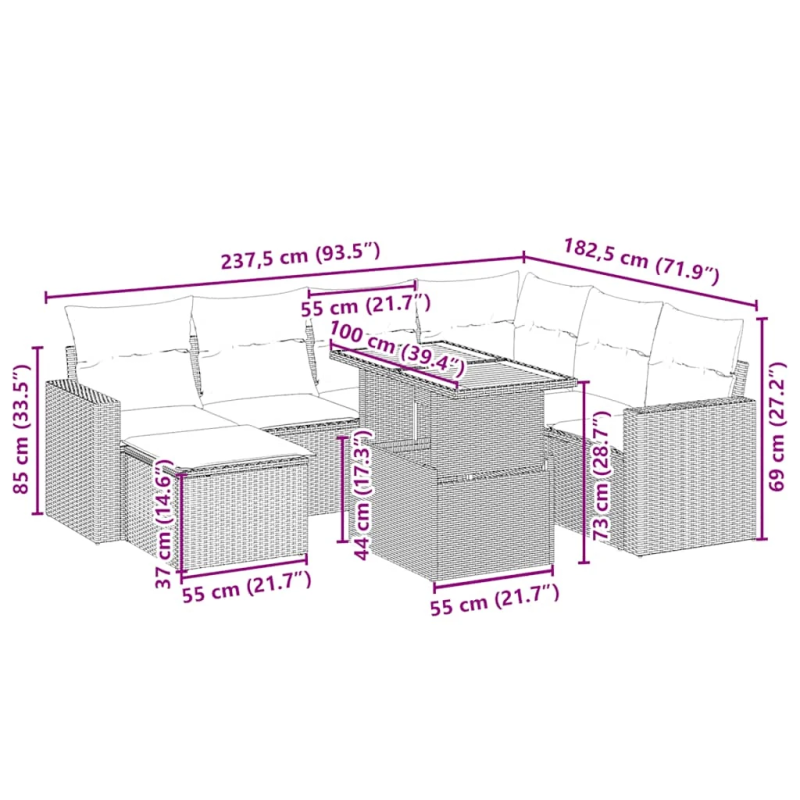 vidaXL 8-daļīgs dārza dīvāna komplekts, matrači, bēša PE rotangpalma
